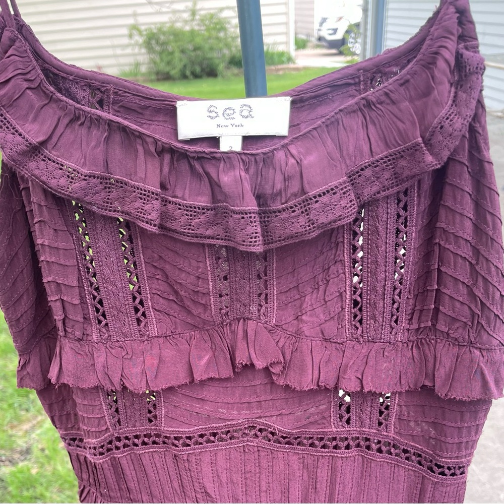 NWT Sea New York Maroon/Plum Poppy Pintuck Tassel Layered Midi Dress Sz 2 - Picture 2 of 15
